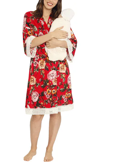 Angel Maternity Nursing Dress + Robe + Free Baby Wrap - Red Floral Hospital Pack