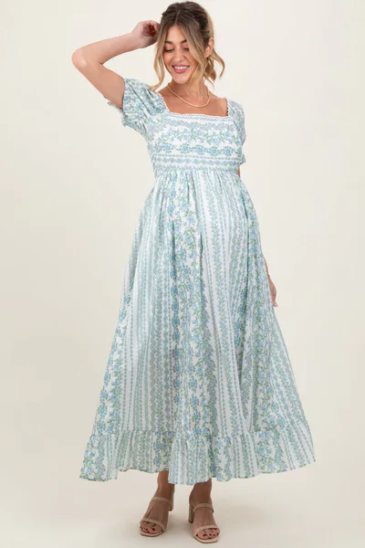 PinkBlush Light Blue Floral Puff Sleeve Lace Trim Maternity Maxi Dress