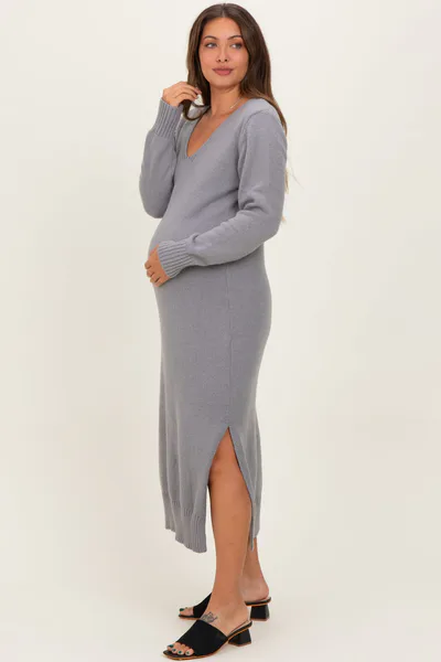 PinkBlush Heather Grey V-Neck Relaxed Fit Maternity Sweater Dress