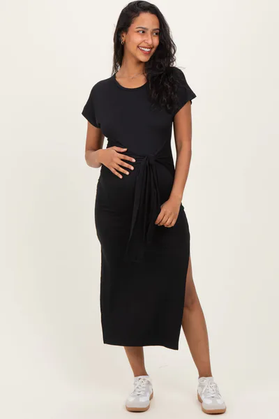 PinkBlush Black Waist Tie Short Sleeve Side Slit Maternity Dress