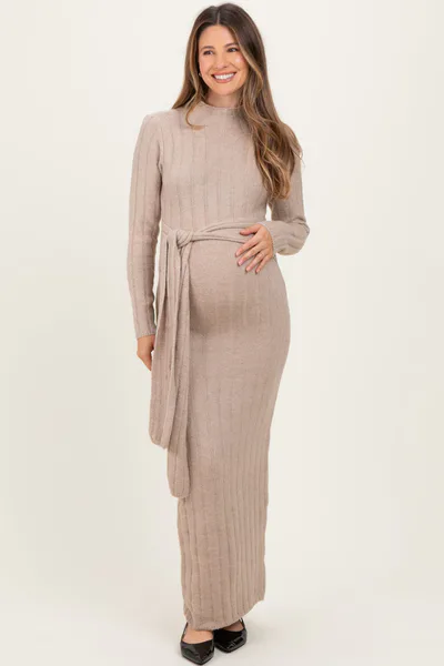 PinkBlush Beige Ribbed Front Tie Maternity Maxi Sweater Dress