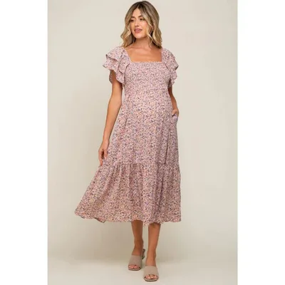 Target PinkBlush Light Pink Floral Flutter Maternity Midi Dress Light Pink Medium