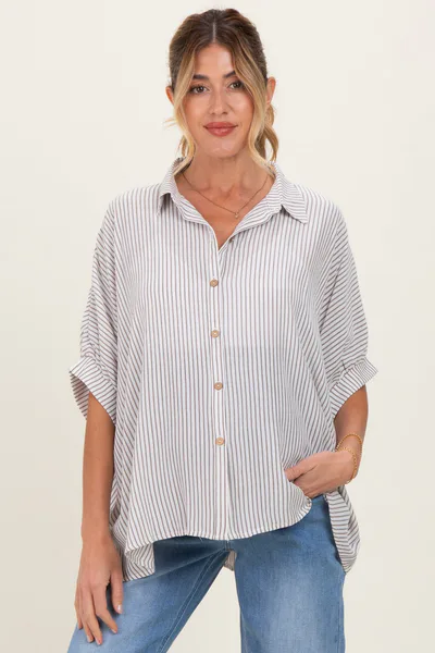 PinkBlush Brown Striped Boxy Button Down Maternity Top