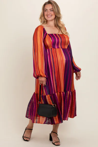 PinkBlush Plum Striped Metallic Yarn Maternity Plus Midi Dress