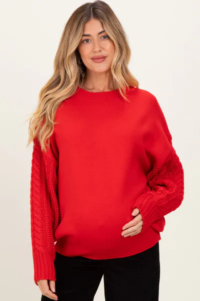 PinkBlush Red Cable Knit Sleeve Round Neck Maternity Sweater