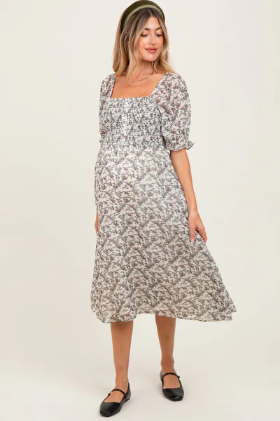 PinkBlush Cream Floral Smocked Puff Sleeve Maternity Midi Dress