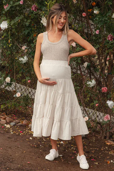 PinkBlush Ivory Striped Tiered Maternity Maxi Skirt