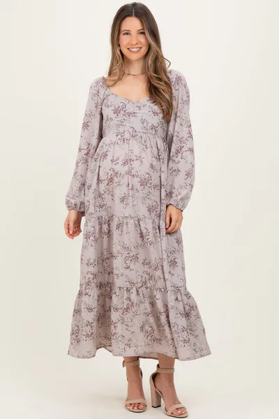 PinkBlush White Grey Antique Floral Neck Maternity Maxi Dress