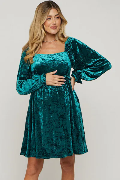 PinkBlush Green Teal Velour Square Neck Maternity Dress