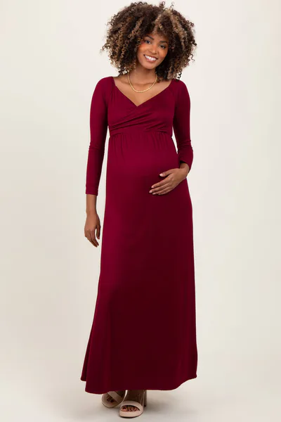 PinkBlush Burgundy Wrap Front Empire Waist Maternity Maxi Dress