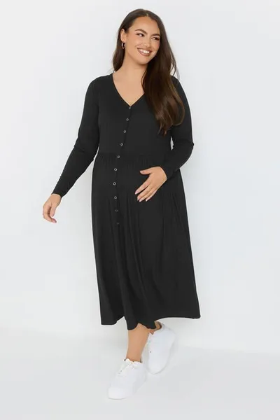 Yours Clothing BUMP IT UP MATERNITY Black Premium Modal Ribbed Button Through Dress