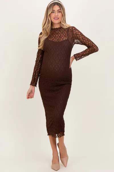PinkBlush Brown Lace Overlay Fitted Maternity Midi Dress