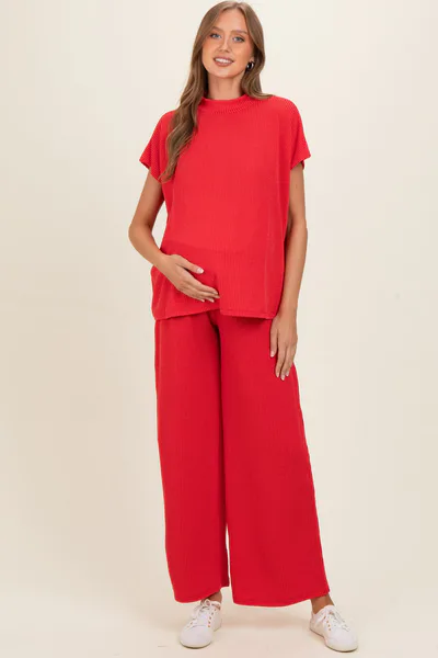 PinkBlush Red Textured Rib Mock Neck Short Sleeve Pant Maternity Set