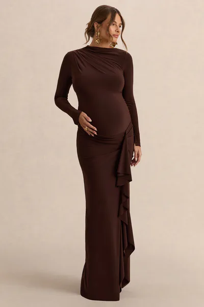 Club L London Kamira | Dark Brown Round-Neck Maternity Maxi Dress With Gathered Detailing