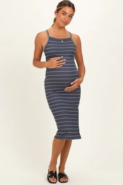 PinkBlush Heather Grey Navy Striped Crisscross Back Maternity Dress
