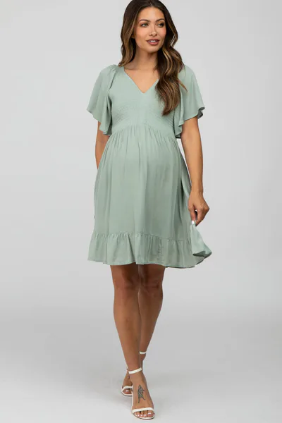 PinkBlush Mint Green Smocked Front Ruffle Hem Maternity Dress