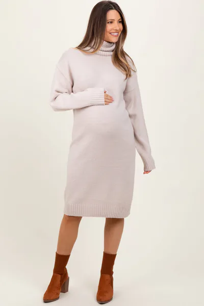 PinkBlush Beige Turtleneck Side Slit Maternity Midi Sweater Dress