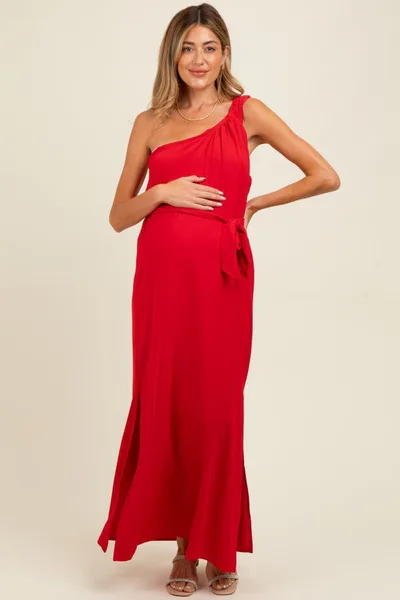 PinkBlush Red Asymmetrical Maternity Maxi Dress