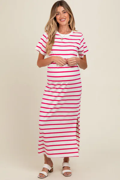 PinkBlush Fuchsia Striped Side Slit Maternity Maxi Dress