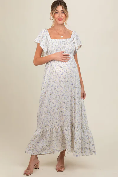 PinkBlush Ivory Floral Smocked Crochet Trim Maternity Dress