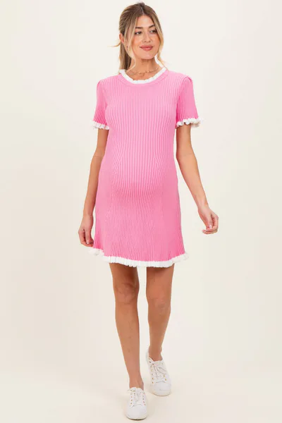 PinkBlush Pink Ribbed Knit Ruffle Trim Maternity Mini Dress