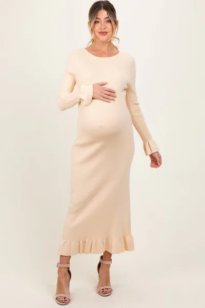 PinkBlush Light Yellow Ribbed Knit Bow Back Maternity Maxi Dress