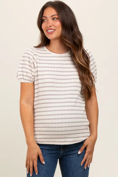 PinkBlush Grey Striped Textured Puff Sleeve Maternity Top