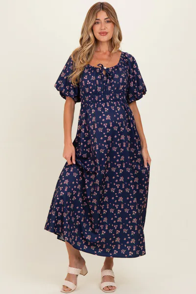 PinkBlush Navy Floral Puff Sleeve Tie Front Maternity Midi Dress