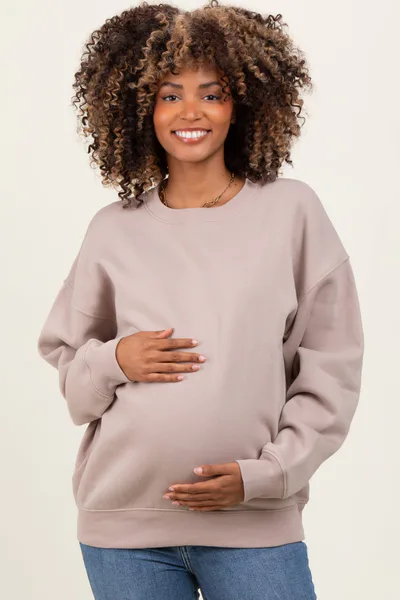 PinkBlush Beige Basic Fleece Crewneck Maternity Sweatshirt