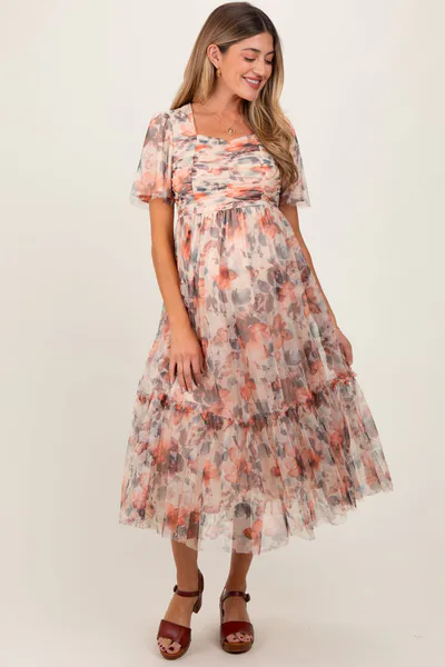 PinkBlush Peach Floral Mesh Sweetheart Neck Maternity Midi Dress