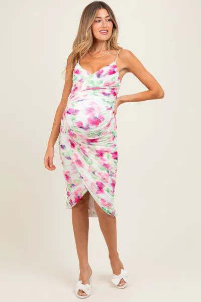 PinkBlush Fuchsia Floral Ruched Tulip Hem Maternity Midi Dress