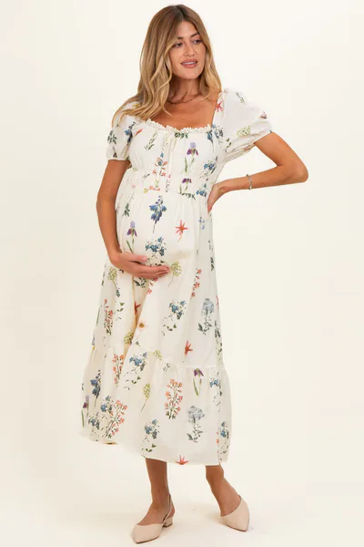 PinkBlush Ivory Floral Puff Sleeve Maternity Midi Dress