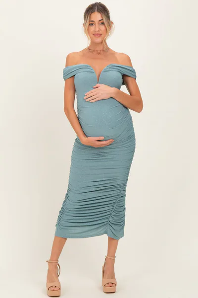 PinkBlush Light Olive Glitter Ruched Off Shoulder Maternity Midi Dress