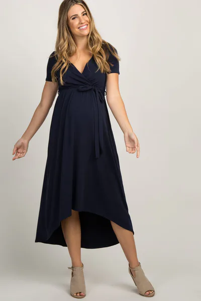 PinkBlush PinkBlush Navy Blue Solid Hi-Low Maternity Wrap Dress