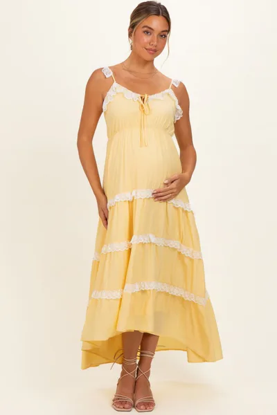 PinkBlush Yellow Lace Trim Tiered Maternity Maxi Dress