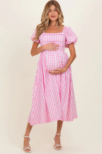 PinkBlush Pink Gingham Puff Sleeve Maternity Midi Dress