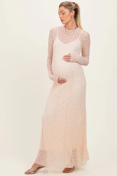PinkBlush Beige Lace Mock Neck Long Sleeve Maternity Maxi Dress