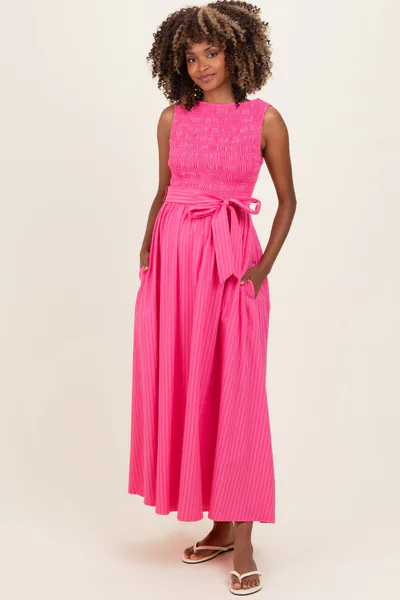 PinkBlush Pink Textured Tie Maternity Midi Dress