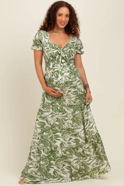 PinkBlush Green Tropical Print Smocked Front Tie Maternity Maxi Dress