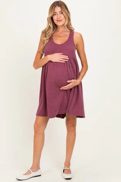 PinkBlush Burgundy Ribbed Sleeveless Open Back Maternity Midi Dress