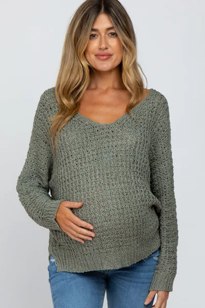 PinkBlush Olive V-Neck Side Slit Thick Knit Maternity Sweater