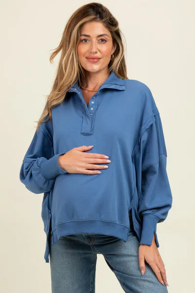 PinkBlush Blue Snap Button Pullover Henley Maternity Sweatshirt