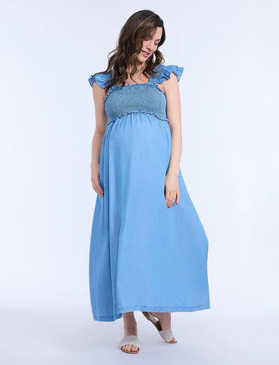 Motherhood Maternity Sleeveless Ruffle Shoulder Smocked Dress