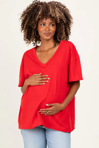 PinkBlush Red Washed V-Neck Oversized Maternity Tee