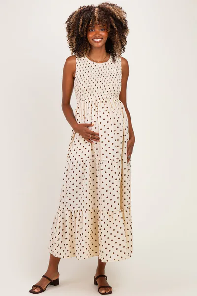 PinkBlush Cream Polka Dot Smocked Tiered Maternity Maxi Dress