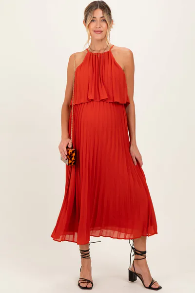 PinkBlush Red Pleated Woven Maternity Midi Dress