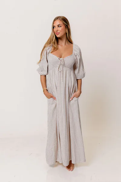 Worth Collective Cecilia 100% Cotton Smocked Maxi Dress in Wisteria Plaid (Lined) - Bump Friendly