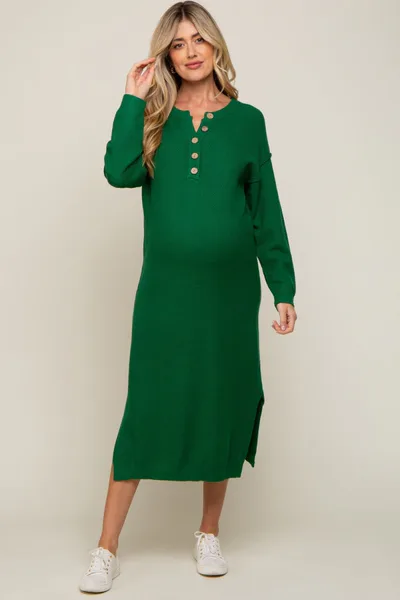 PinkBlush Hunter Green Waffle Knit Button Long Sleeve Maternity Midi Dress