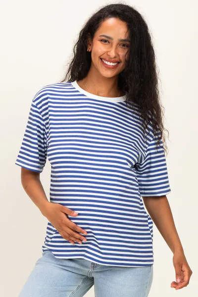 PinkBlush Royal Blue Oversized Striped Maternity Tee