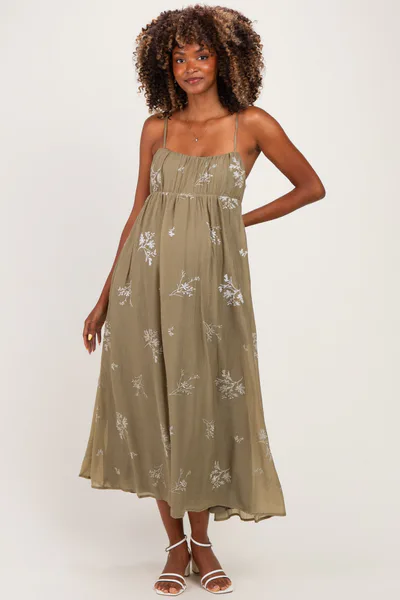 PinkBlush Olive Floral Sweetheart Pleated Maternity Midi Dress